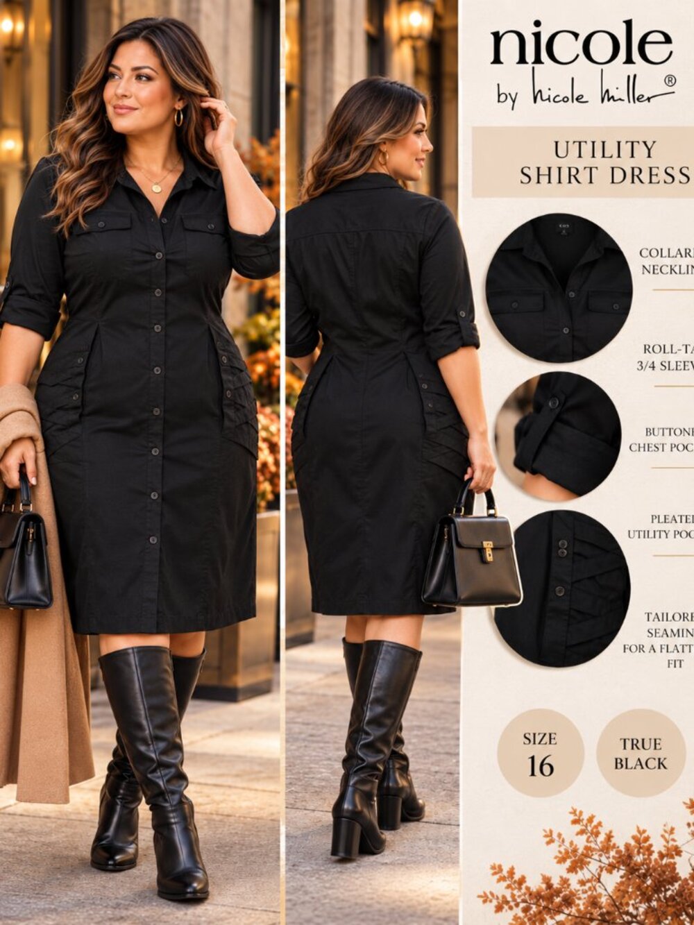 Nicole by Nicole Miller Black Utility Shirt Dress NWT Size 16 Button Front Midi